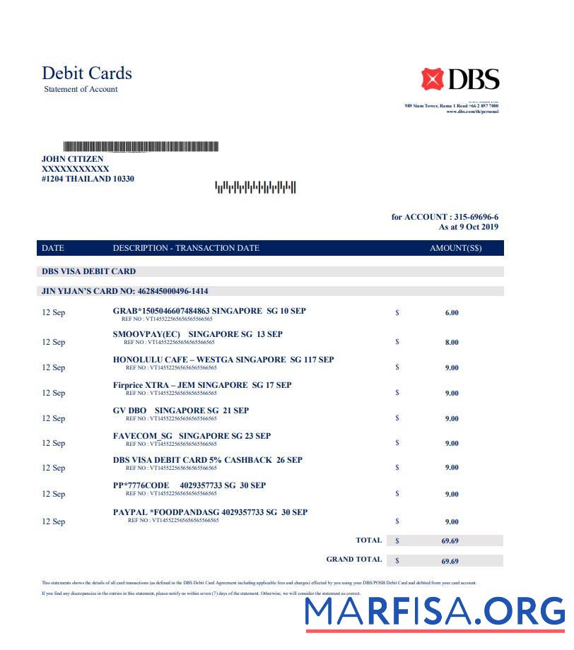 Printable Thailand DBS bank proof of address statement word download for verification